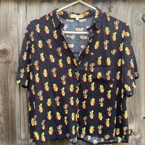 Cactus print collar black fashion top western crop button